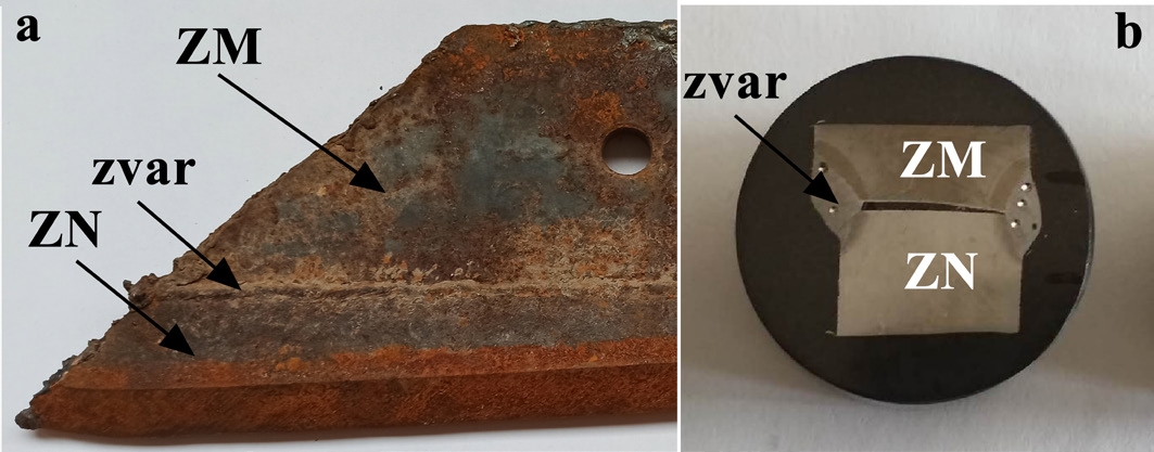Obr. 2 a Časť vyradenej radlice b Metalografický výbrus