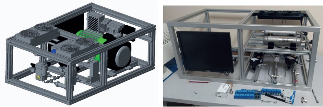 Obr 4 3D model a súčasný stav konštrukcie prototypu MH separátora vodíka