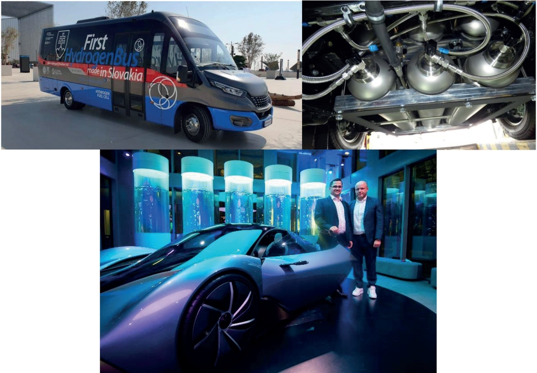 Obr 7 Vodíkový autobus a automobil s inštalovanými MH zásobníkmi na EXPO 2020 v Dubaji