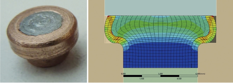 Obr 15 Porovnanie vyplnenia dutiny nástroja prietlačku s plochou hlavou so simuláciou