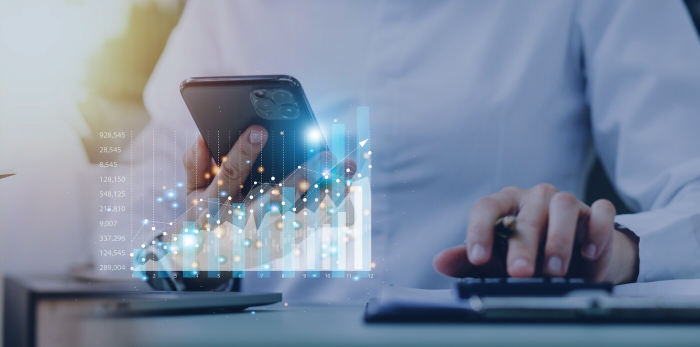 planning and strategy, Stock market, Business growth, progress or success concept. Businessman or trader is showing a growing virtual hologram stock, invest in trading.