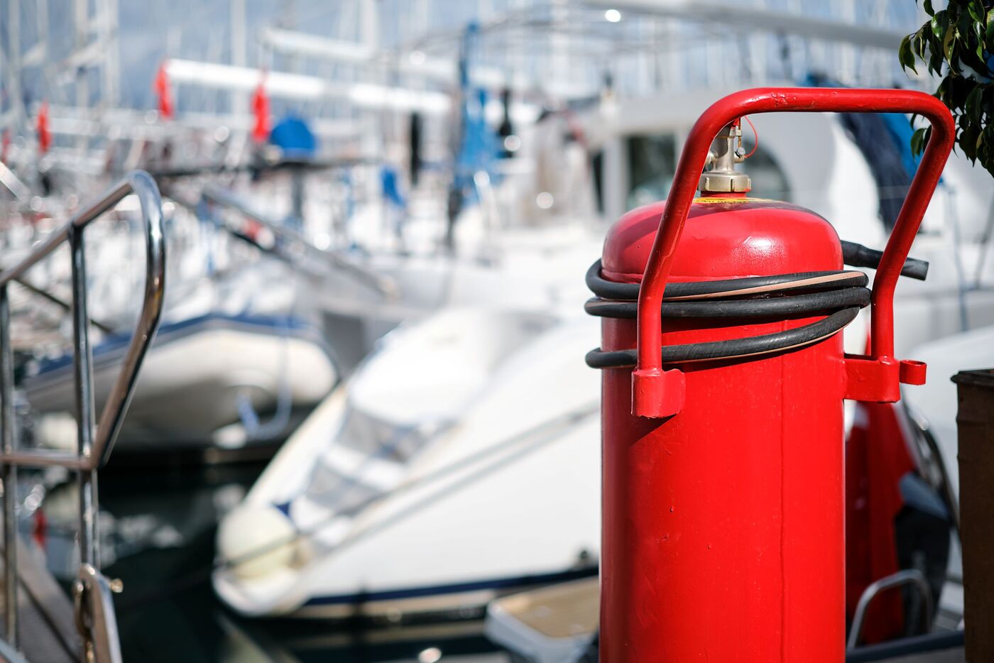 fire extinguisher closeup mooring yacht club blurred background providing fire protection safety prevention